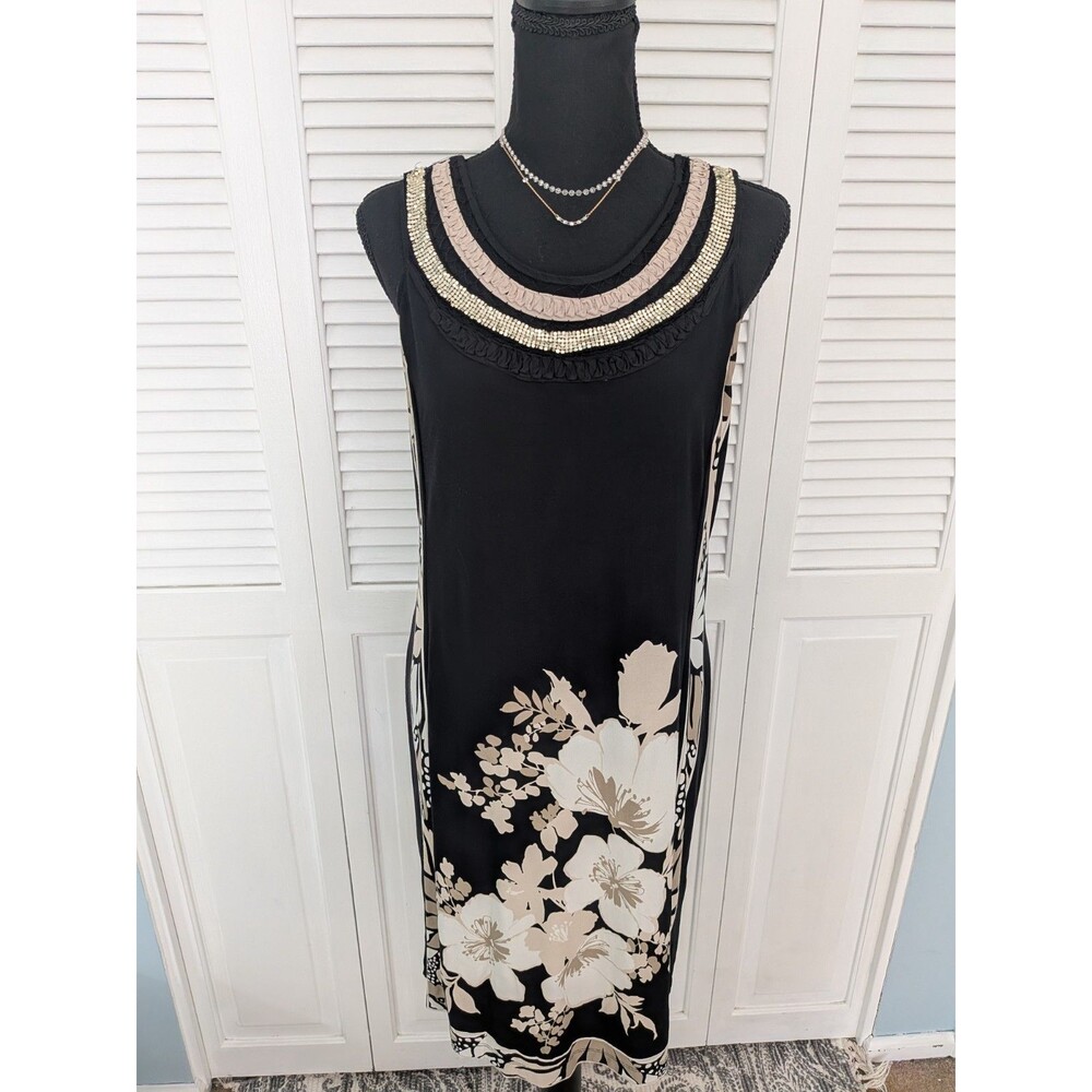Sandra Darren Dress Womens 12 Sheath Embellish Beige Black Floral Stretch Mesh